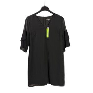 Sam Edelman Black Sheath Midi Dress Pleated Sleeve Size 14 Polyester Lined New